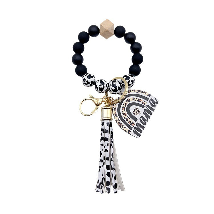 Wholesale Lacquer Round Beads Cow Pattern Wooden Beads Rainbow Wooden Sign Tassel Bracelet Keychain